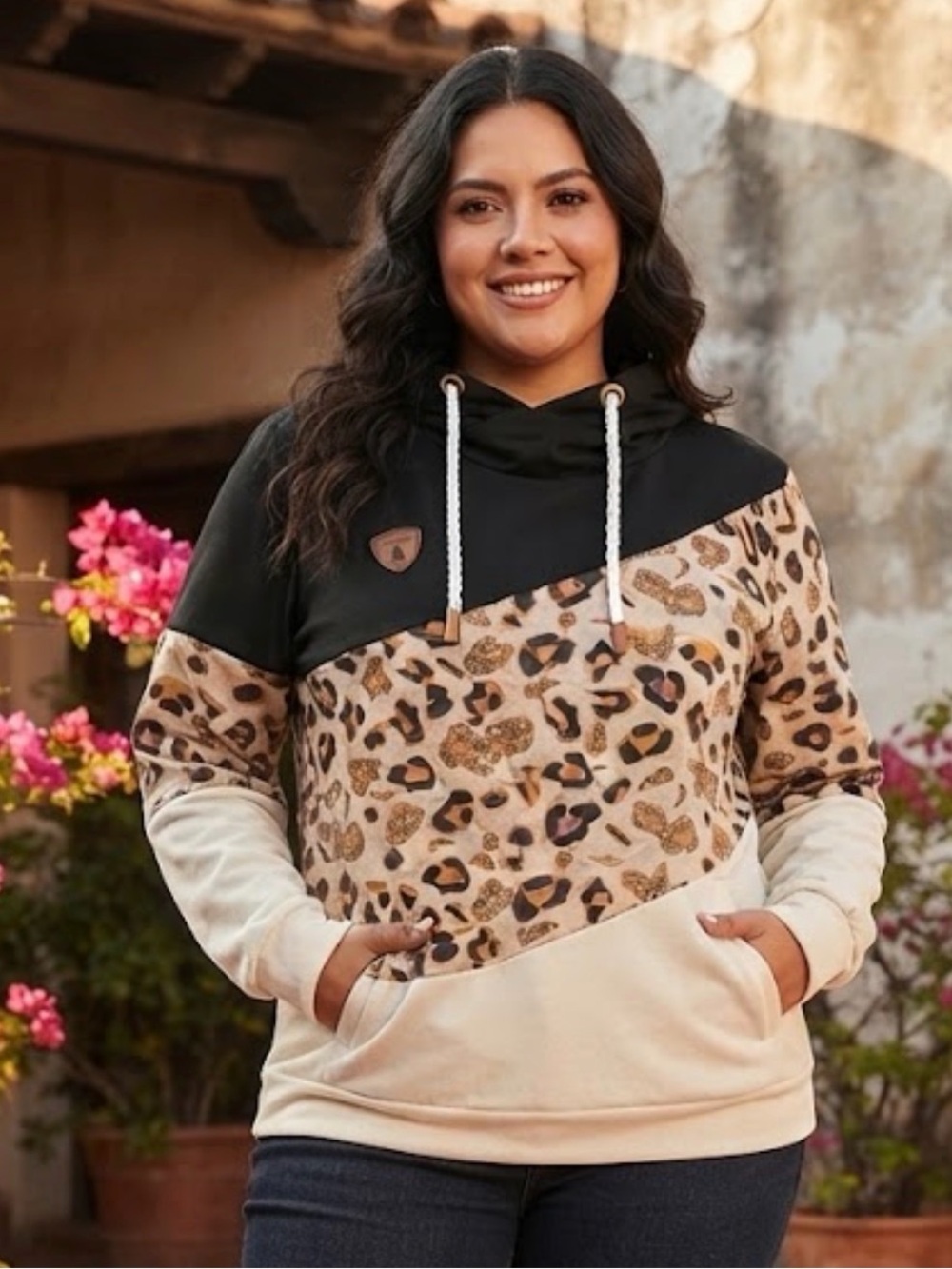 Amazon - Leopard Colorblock Hooded Pullover Sweatshirt - Black & Beige Hoodie